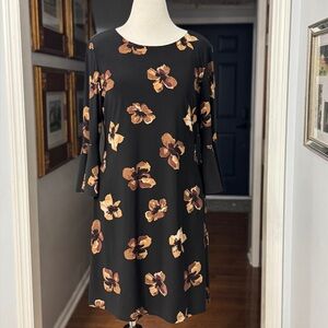 Tommy Hilfiger Black Brown Floral Print Black Sheath Dress Long Sleeve 14